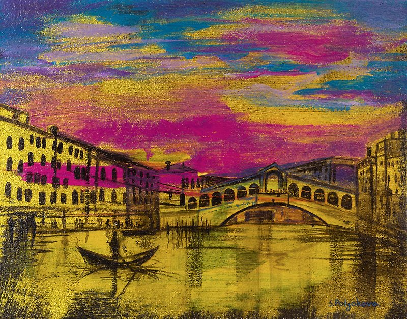 ベネチア 絵画 夕焼け 街並みアクリル画 イタリア アートワーク 原画 - ポスター・絵 - その他の素材 ゴールド