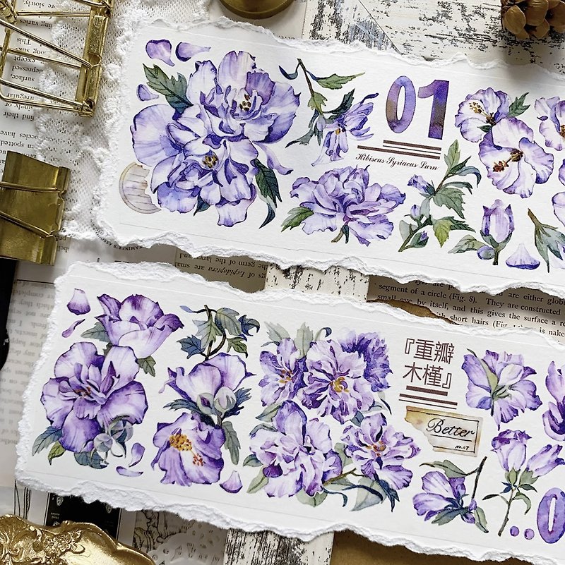 槿香澤 復古大花卉稿 朱槿 扶桑花 PET 和紙膠帶 - 紙膠帶 - 其他材質 紫色