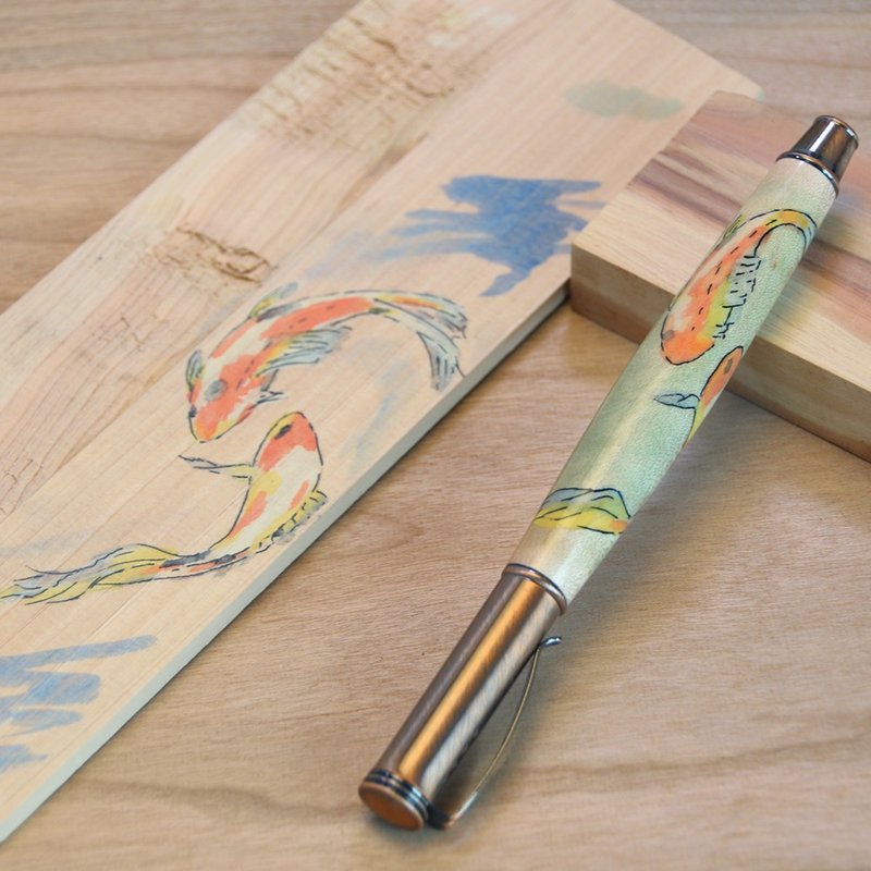 Customized-watercolor hand-painted smudged maple-Pisces model/Germany SCHMIDT pull-out wood ballpoint pen - Rollerball Pens - Wood Brown