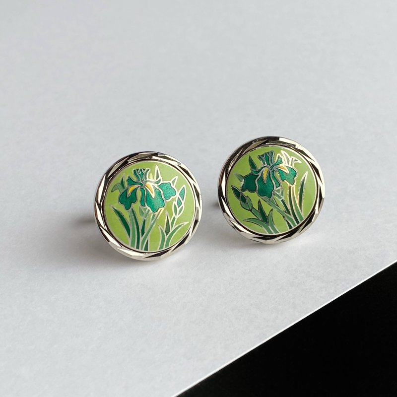 Silver Iris [Mint] Cloisonne Cufflinks (Cufflinks) Pure Silver Metal Cloisonne Silver Hardware - กระดุมข้อมือ - เงิน สีเขียว