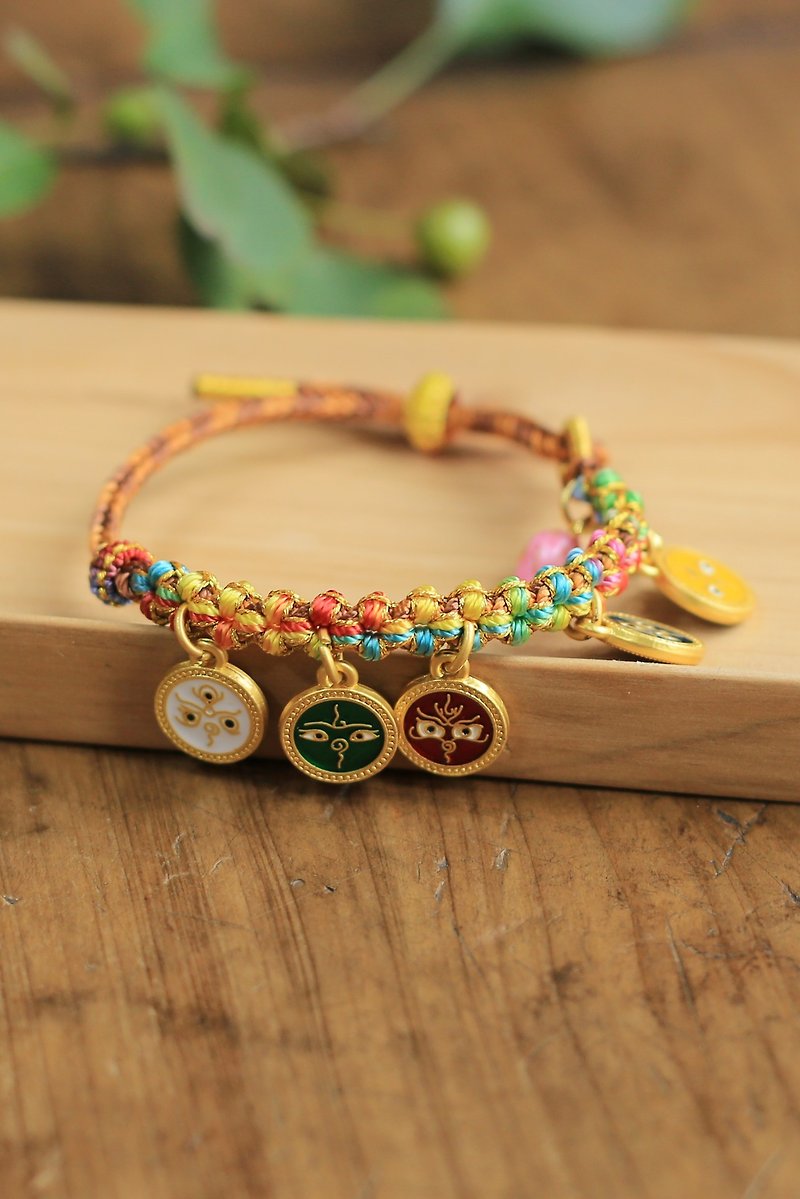 Spring and Autumn handmade kumihimo| Tibetan bracelet enamel color sand gold five-way god of wealth | auspicious and good luck - สร้อยข้อมือ - ทองแดงทองเหลือง หลากหลายสี