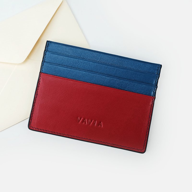 "Red&Navy Blue Trim" Cow Leather Card Holder - ID & Badge Holders - Genuine Leather Red