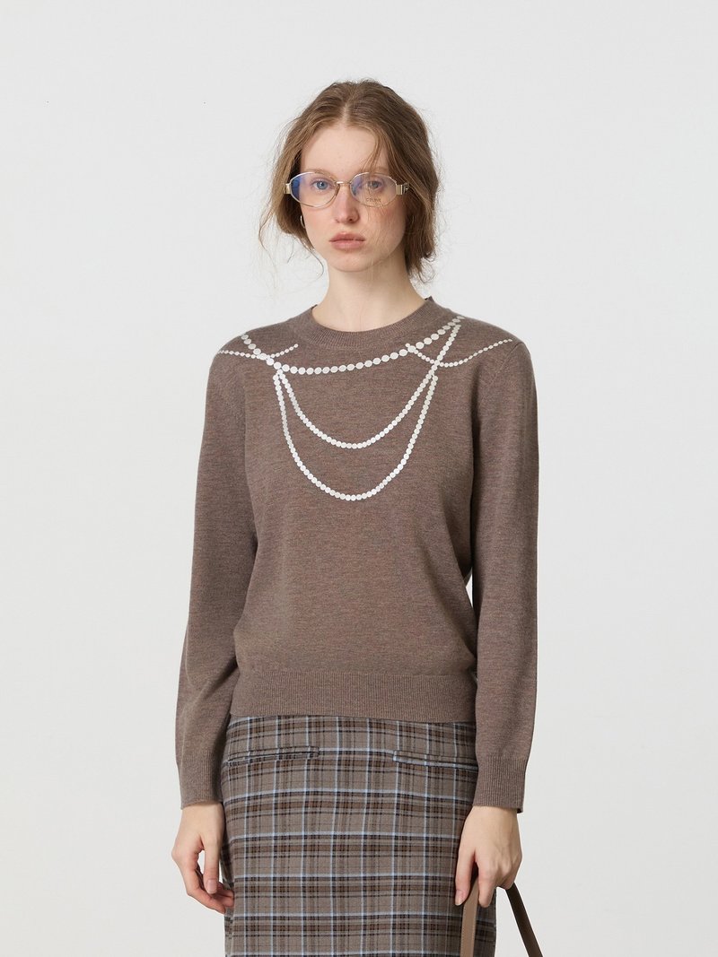 Chestnut Brown Merino Wool Pearl Print Pullover Sweater - สเวตเตอร์ผู้หญิง - ขนแกะ สีนำ้ตาล