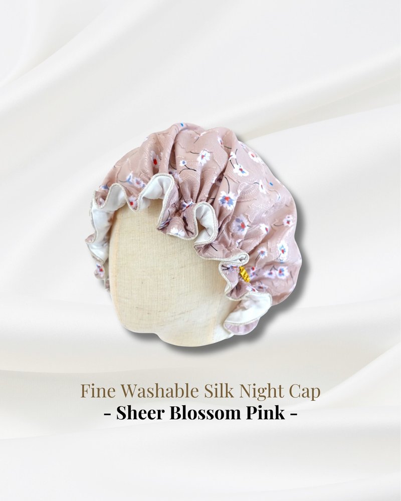 日本製洗えるシルクのナイトキャップ　Sheer Blossom Pinkシアー・ブロッサム　生日禮物 リボン　パイピング 花柄 - 刮痧板/臉部按摩 - 絲．絹 粉紅色