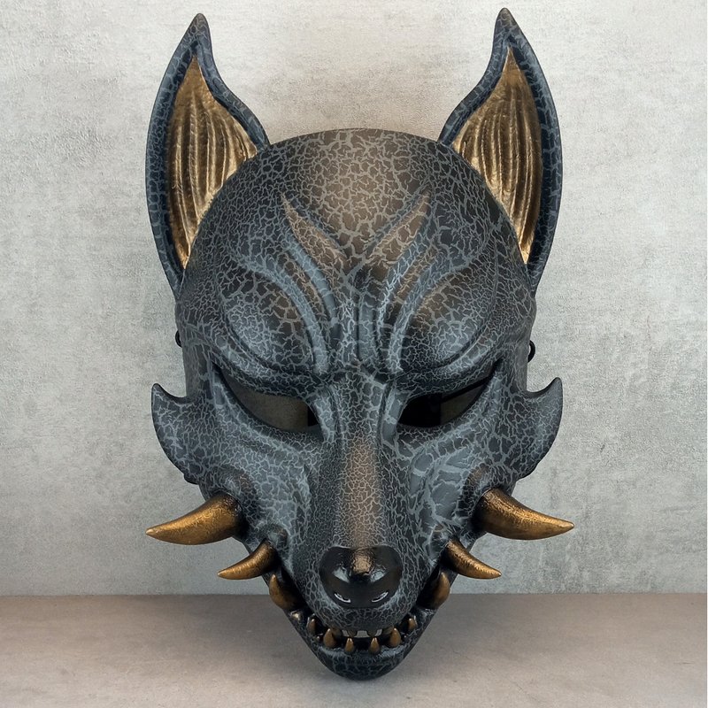Grey-Black Okami Mask: Japanese Wolf Mask, Youkai Cosplay,Kitsune Style - 口罩/口罩收納套 - 塑膠 黑色