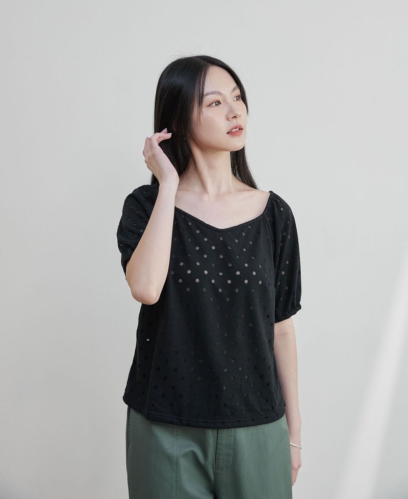 Smiling curve elastic sleeve top-briquettes - Women's T-Shirts - Cotton & Hemp Black