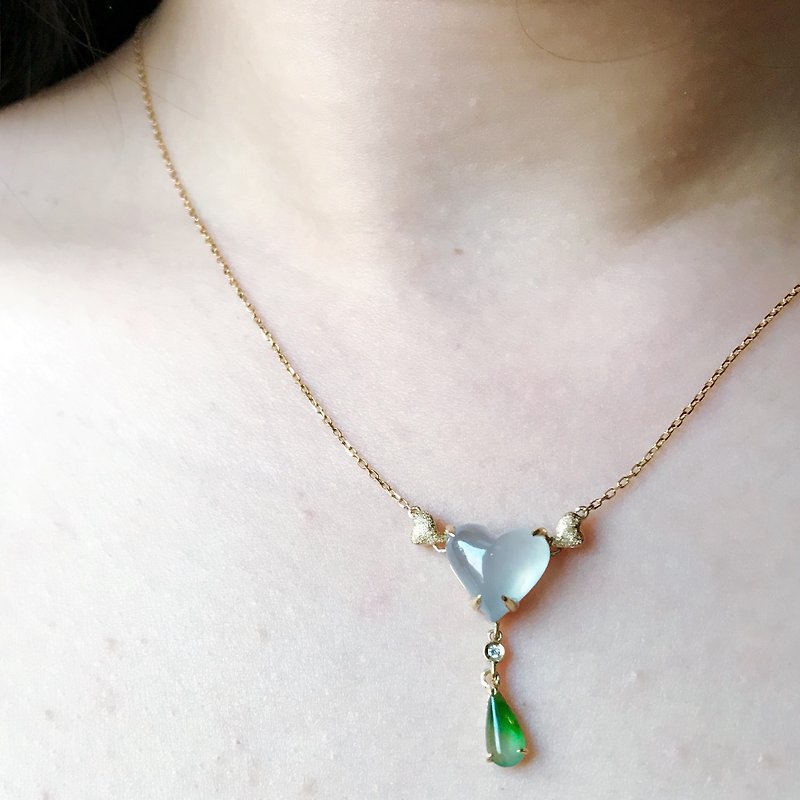 Emerald gift。拈翠-18k金天然翡翠小清新雙色鎖骨鏈 - 鎖骨鍊 - 寶石 金色