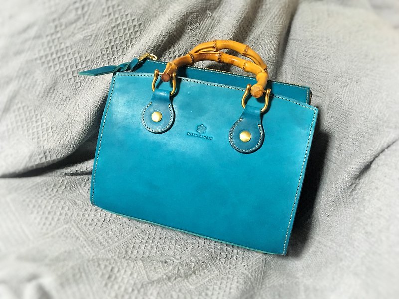 JAPAN leather bamboo handle handbag turquoise - Handbags & Totes - Genuine Leather Blue