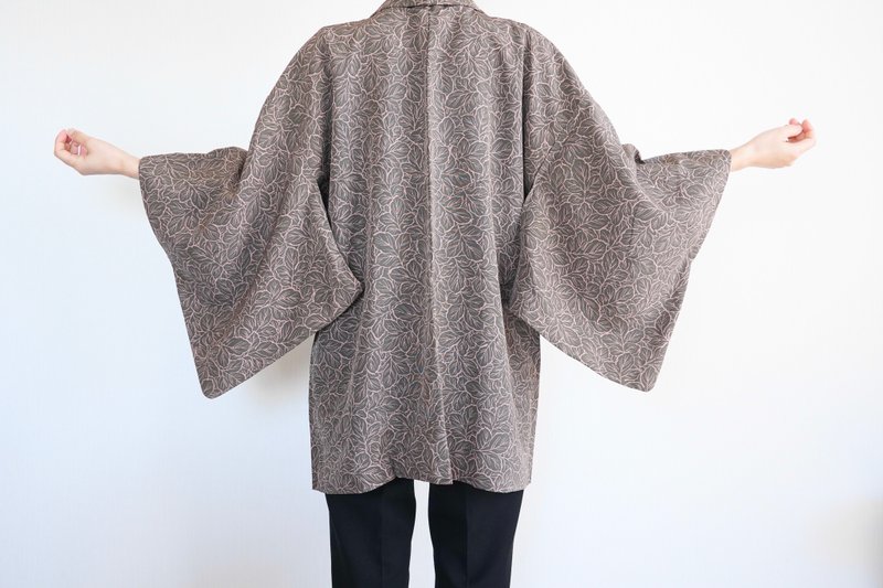 Japanese KIMONO, leaf kimono, silk haori, authentic kimono, traditional kimono - 女大衣/外套 - 絲．絹 卡其色