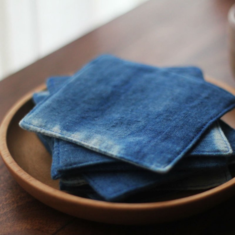 Hand-dyed dark blue hand-woven cloth double-sided coaster thickened hand-made old cloth mat tea ceremony coaster - ที่รองแก้ว - ผ้าฝ้าย/ผ้าลินิน สีน้ำเงิน