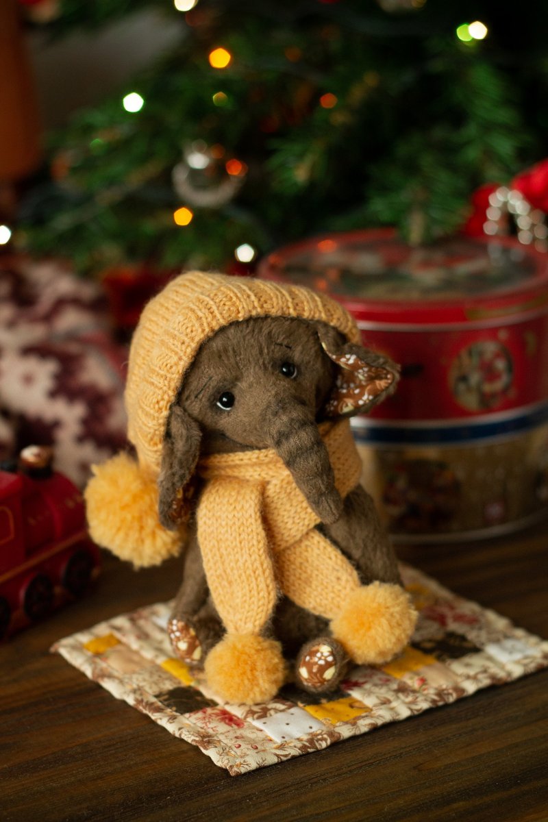 Handmade Baby Elephant ooak plush toy artist teddy bear - 公仔/玩偶 - 其他材質 咖啡色
