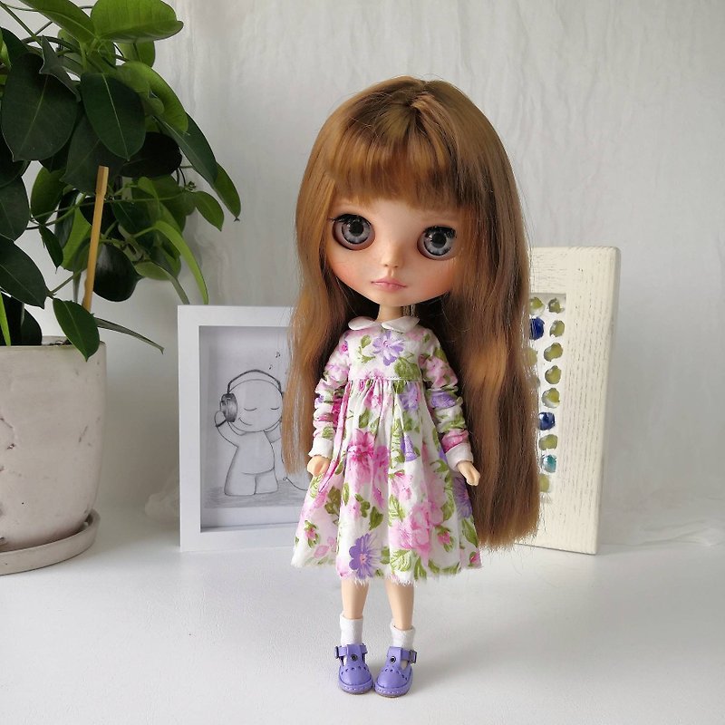 Blythe doll dress, Beautiful floral dress for Blythe doll, Blythe dress pink - Stuffed Dolls & Figurines - Cotton & Hemp 