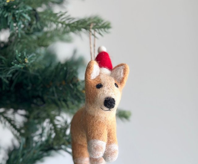羊毛フェルトのクリスマスオーナメント - コーギー犬/サンタ帽子を