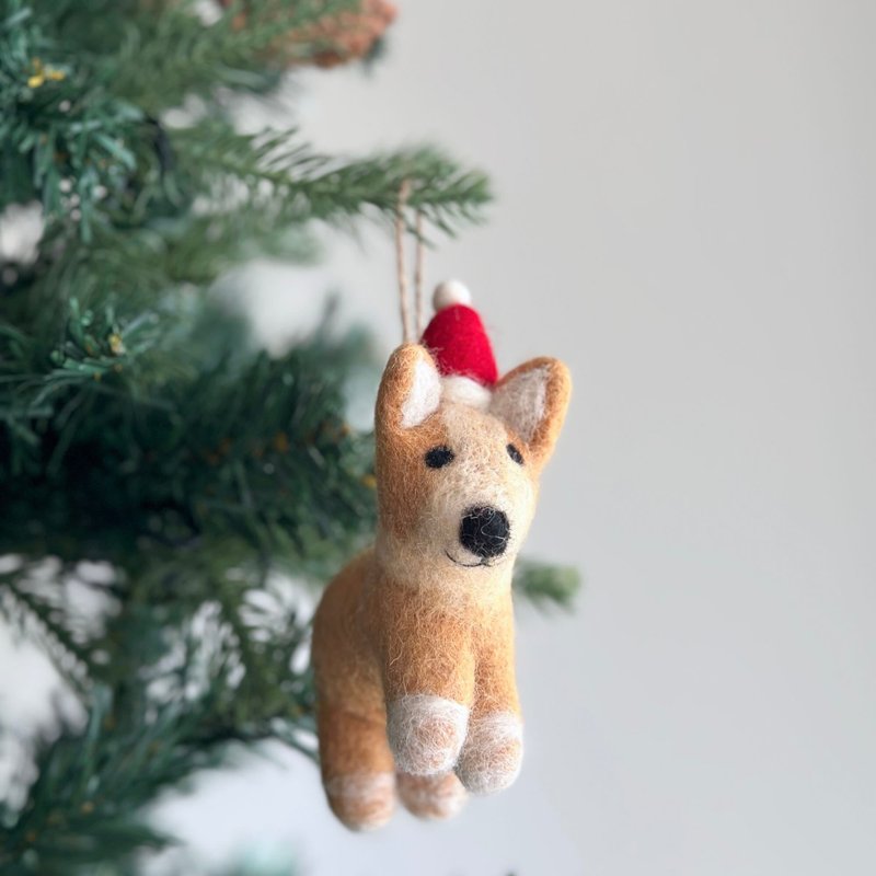 Wool felt Christmas ornaments - Corgi dog/wearing Santa hat - ของวางตกแต่ง - ขนแกะ 