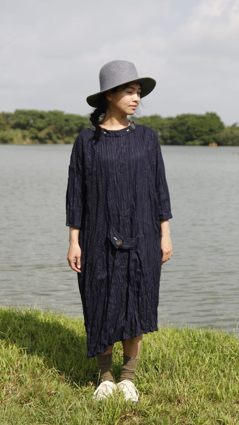 And - On the Road - Wrinkled Waist Ornament Hooded Striped Dress - One Piece Dresses - Polyester Blue