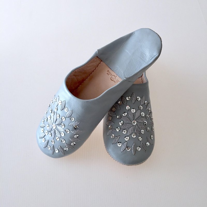 Babouche Slipper/拖鞋/ 綺麗な刺繍バブーシュ　アリナス グレー×グレー - 其他 - 真皮 灰色