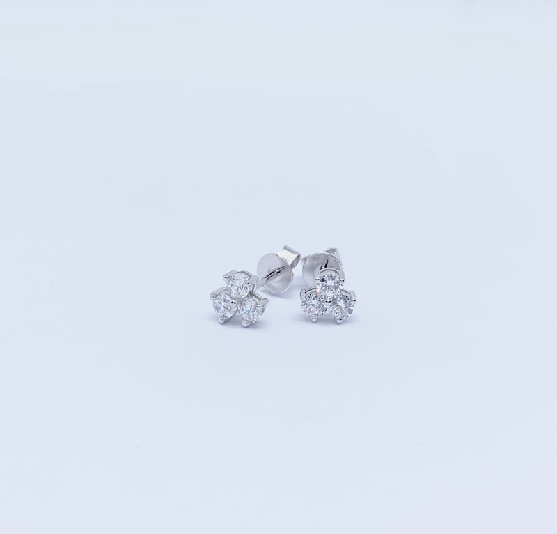 三鑽耳環/ 925 純銀鍍18K白金/ 方晶鋯石 - 耳環/耳夾/耳骨夾 - 純銀 銀色