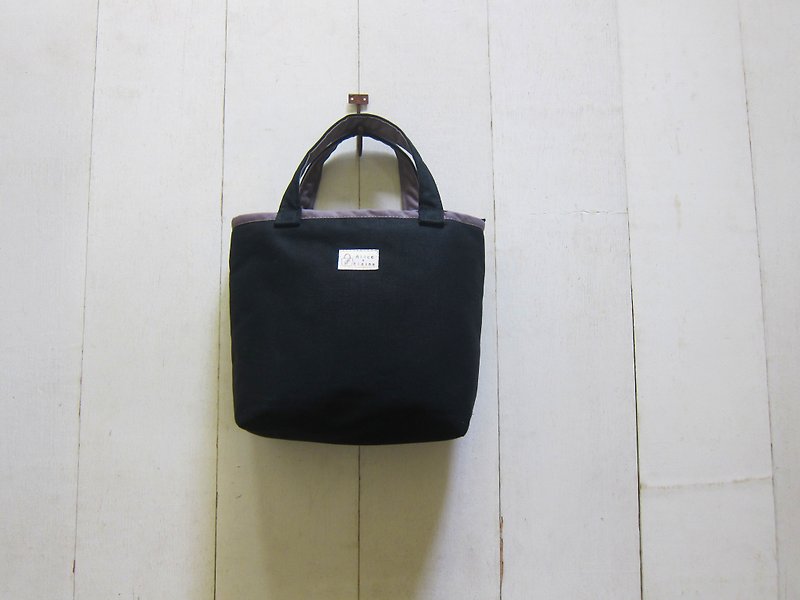 Macaron Series-Canvas Small Tote Bag Black + Charcoal Grey (Zipper Opening) - กระเป๋าถือ - วัสดุอื่นๆ สีดำ