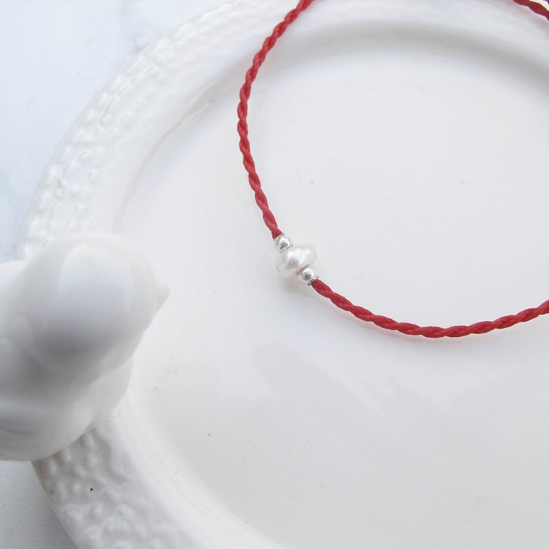 Big staff Taipa [manually made] natural pearl × very fine wax rope bracelet peach flower marriage lucky - สร้อยข้อมือ - ไข่มุก ขาว