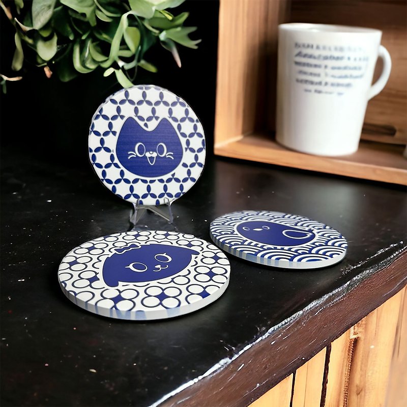 Zomu family small animal Japanese pattern absorbent ceramic coasters set of three - Coasters - Pottery Blue