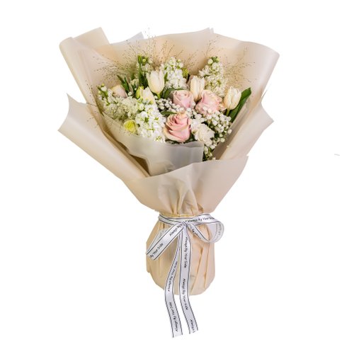 Flower Bouquet (11 Pink Roses & Tulips & Japanese Musk
