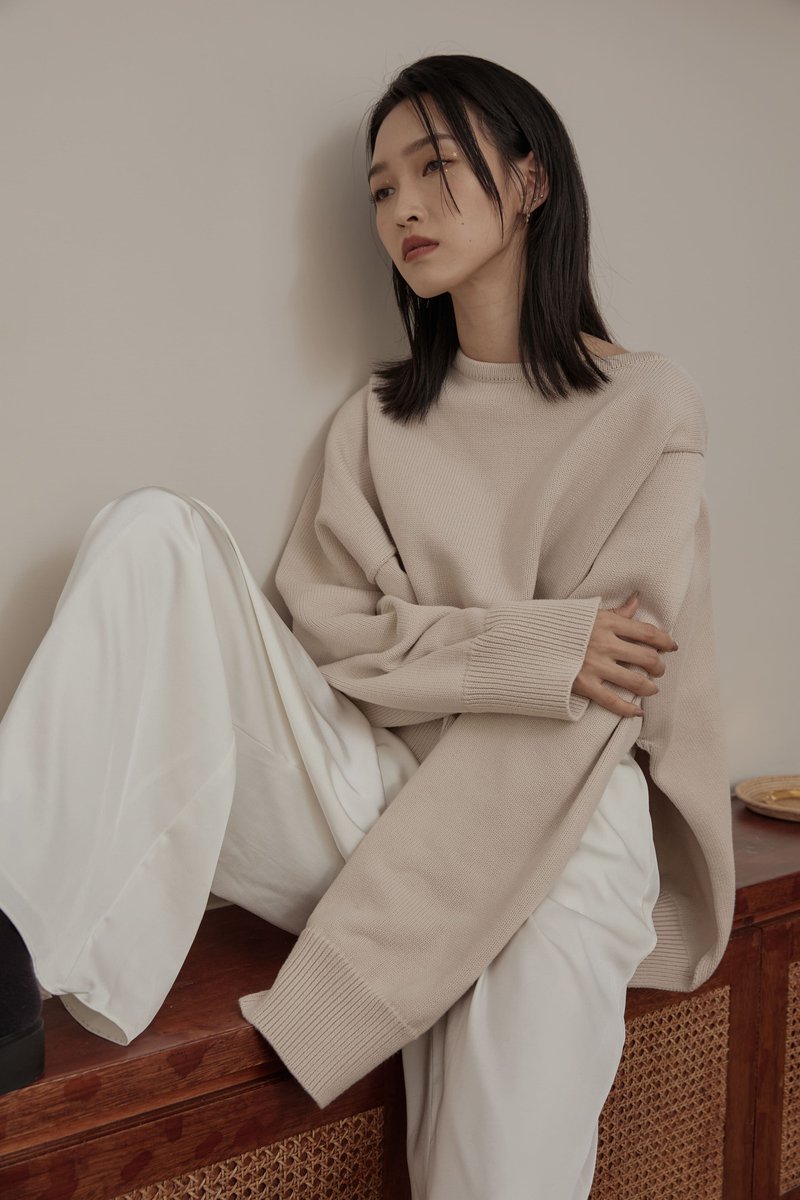 [Brand original] Pamela heavyweight pure cotton side-slit knitted sweater in apricot color - Women's Sweaters - Cotton & Hemp Khaki