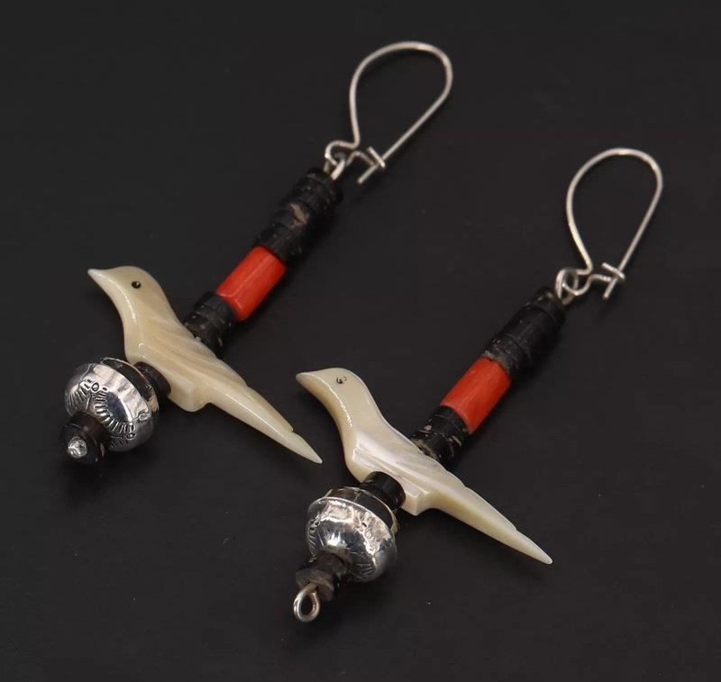 Coral & White Mother of Pearl Bird Dangle Earrings - Earrings & Clip-ons - Semi-Precious Stones 