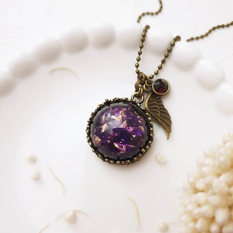 Opal Kaleidoscope x Purple. Wings x Rhinestones x Bronze Fine Beads Clavicle Choker - สร้อยคอ - วัสดุอื่นๆ สีม่วง