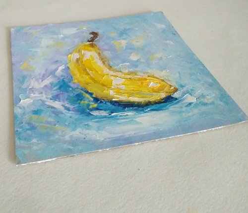 油絵 静物画 バナナ ドローイング バナナオリジナル油絵、キッチン小さな静物、フルーツウォールアート