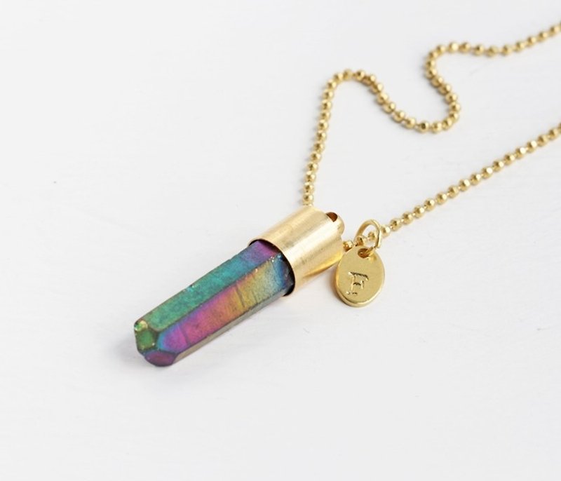 [Rainbow halo] Rainbow White crystal stone hand knocked letter brass necklace original stone Hands personality minimalist geometry Valentine birthday anniversary banquet party to exchange gifts for Christmas - Necklaces - Gemstone 