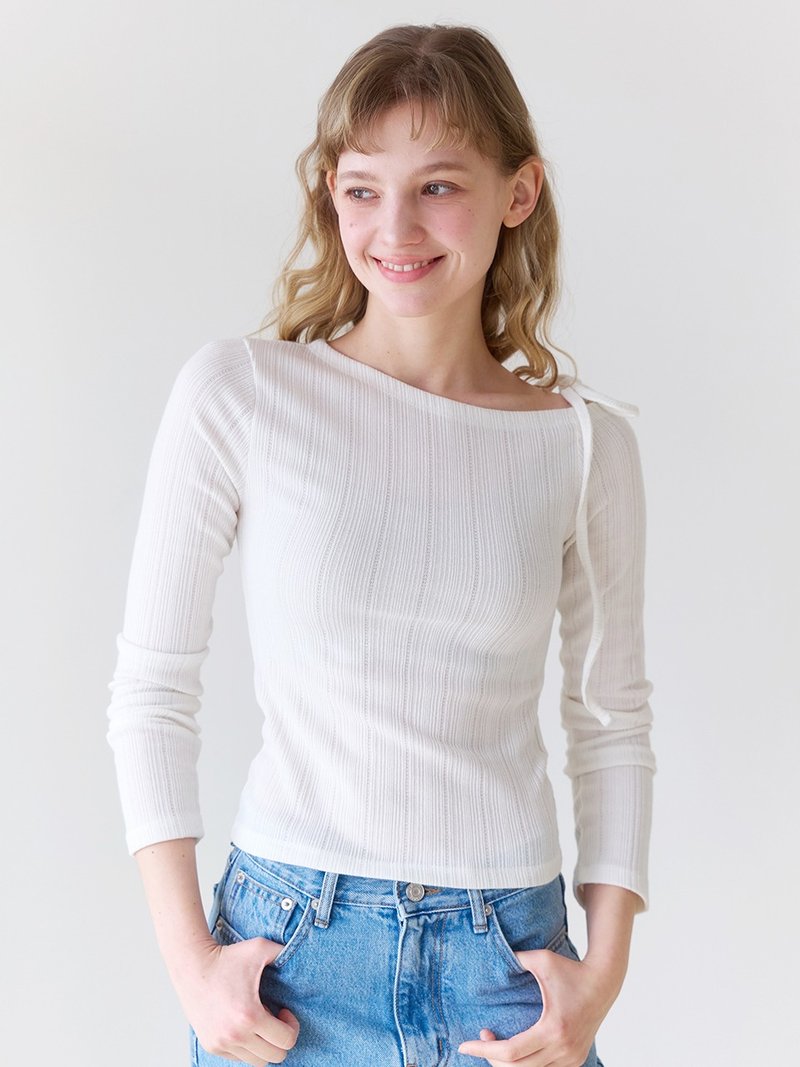 Ribbon off shoulder t-shirt_ Ivory - เสื้อยืดผู้หญิง - ผ้าฝ้าย/ผ้าลินิน ขาว