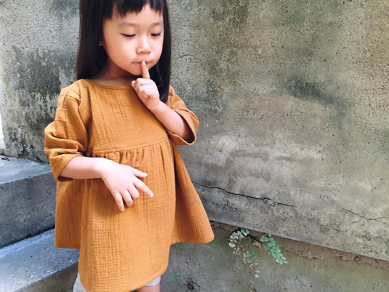 手作童衣 - 土黃色寬版棉洋裝 / 80-110cm - 童裝裙 - 棉．麻 橘色
