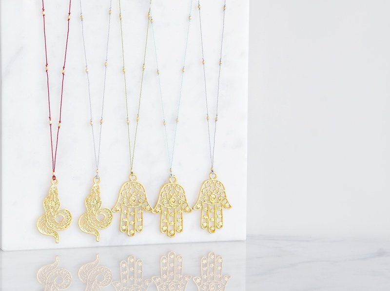 Moroccan Filigree Long Necklace-Lucky Charm, HAMSA OR SNAKE- - สร้อยคอยาว - โลหะ สีทอง