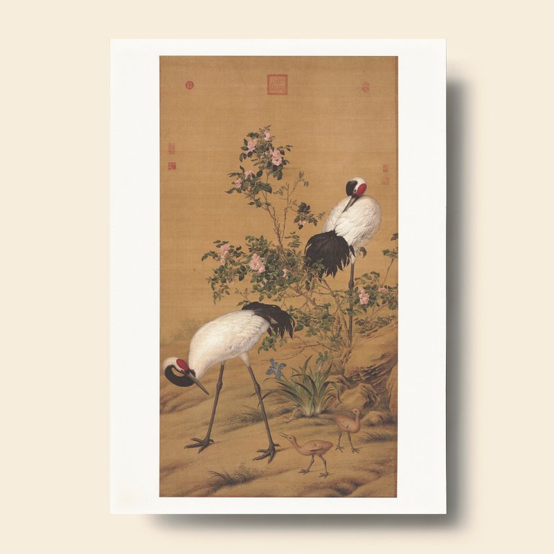 Print Card: Paired Cranes in the Shade with Flowers, Giuseppe Castiglione - โปสเตอร์ - กระดาษ สีกากี