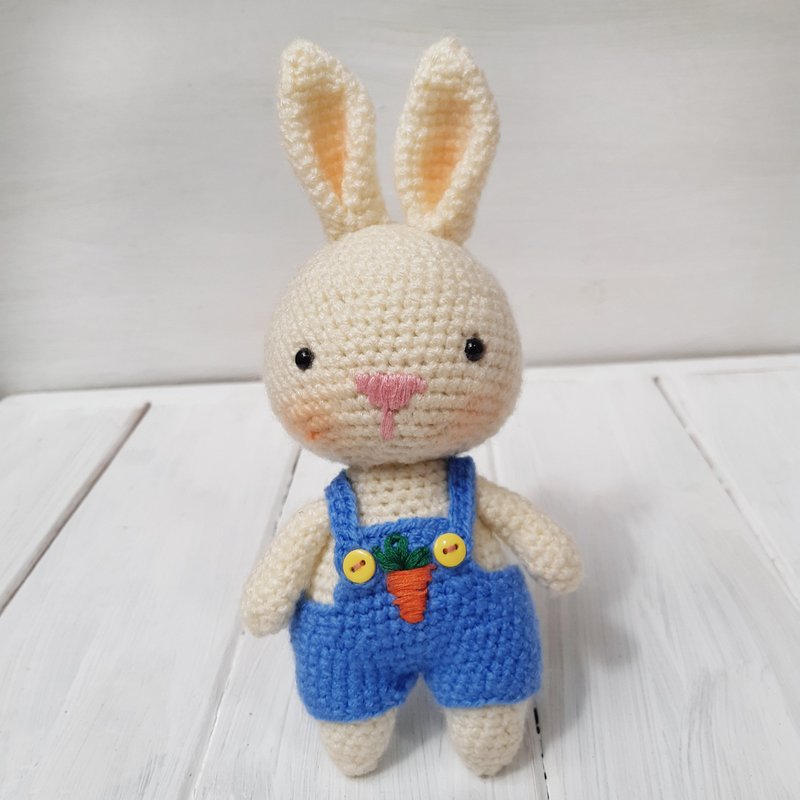 Hand Crochet Milky Bunny In A Blue Overalls Handmade Gift Stuffed Toys Knit Doll - 寶寶/兒童玩具/玩偶 - 壓克力 藍色