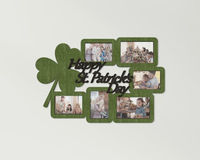 Personalized St Patrick's Day photo frame collage Lucky clover wood wall art - 相框/畫框 - 木頭 綠色