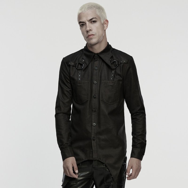 賽博龐克十字路口神蝙蝠領襯衫 / 麂皮絨 - 男襯衫/休閒襯衫 - 其他材質 黑色