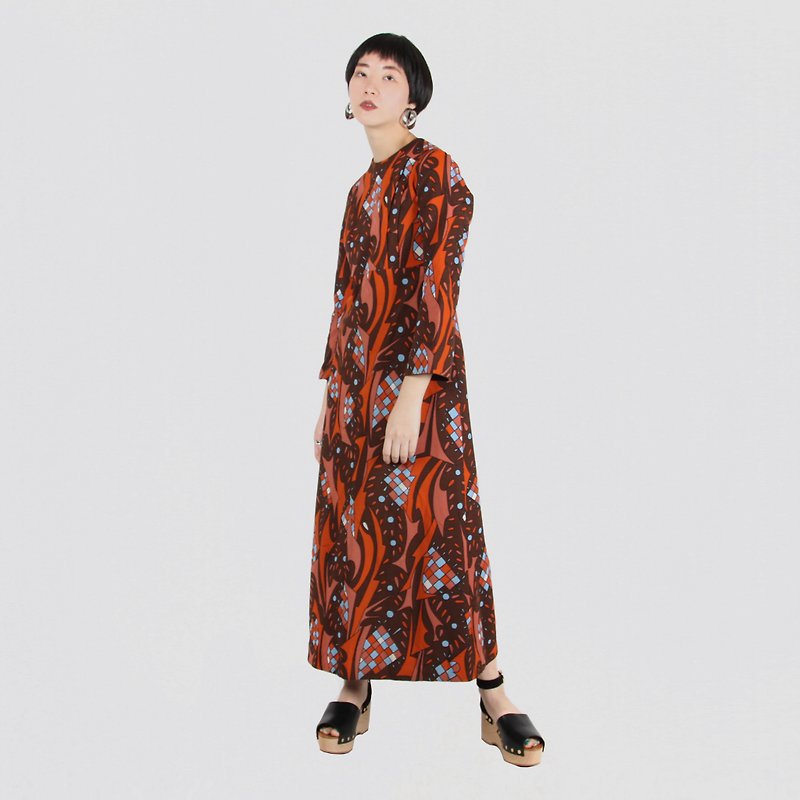 [Egg plant vintage] Wanhua mirror image print long vintage dress - One Piece Dresses - Other Man-Made Fibers 