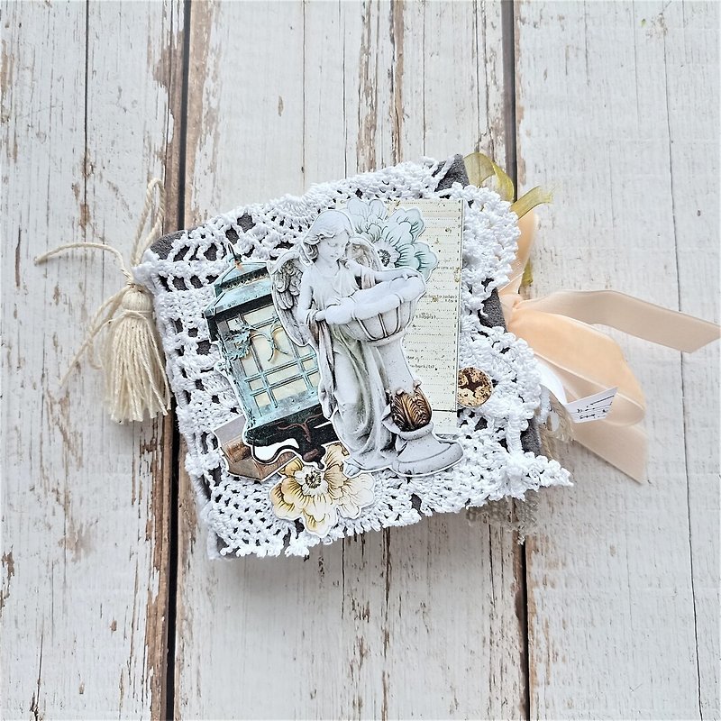 Tiny mint diary Vintage angel junk journal handmade lace for sale homemade blank - 筆記簿/手帳 - 紙 白色