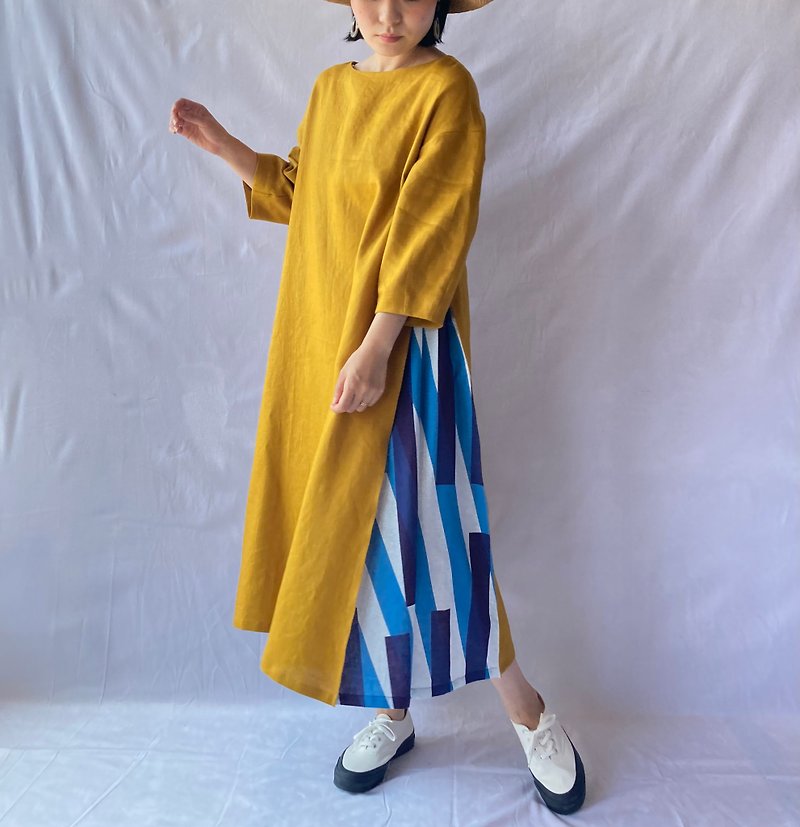 linen combination dress　topaz yellow/random stripe(blue) - One Piece Dresses - Cotton & Hemp Yellow