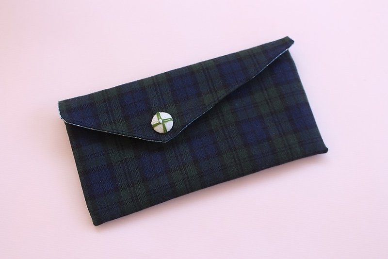 Green Check pattern long folder / storage bag purse clutch - Clutch Bags - Cotton & Hemp 