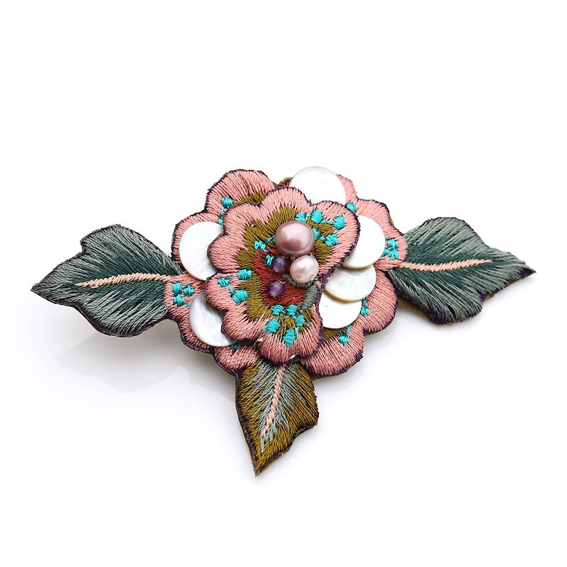 Tender and elegant pink skin beauty pearl shell embroidery brooch pendant dual-use - Brooches - Thread Pink