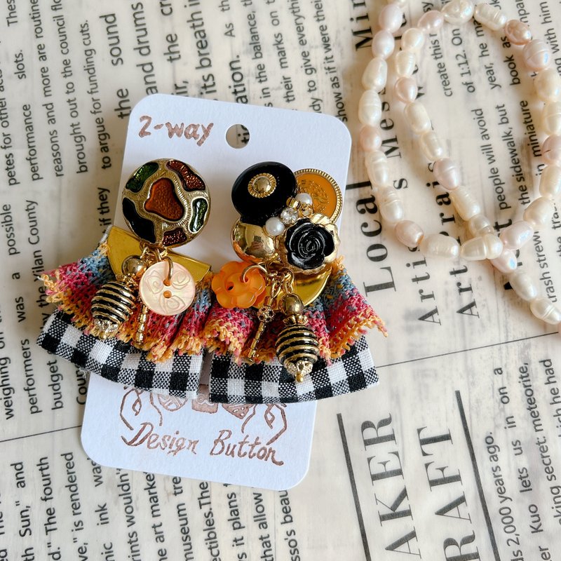wow Handmade-蜂蜜烤布蕾 緞帶 2way鈕扣耳環 - 耳環/耳夾/耳骨夾 - 其他材質 