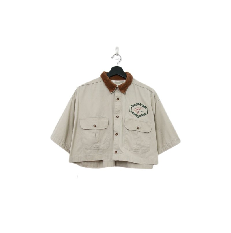 Back to Green-短版刺繡襯衫 棕燈芯絨領dv-45//vintage shirt - 女襯衫 - 棉．麻 