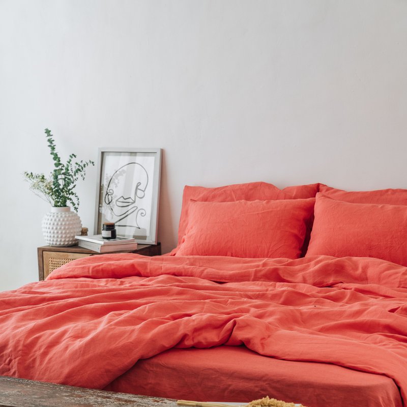 Coral linen duvet cover / Softened linen / Comforter cover / Quilt cover - 寢具/床包 - 亞麻 橘色