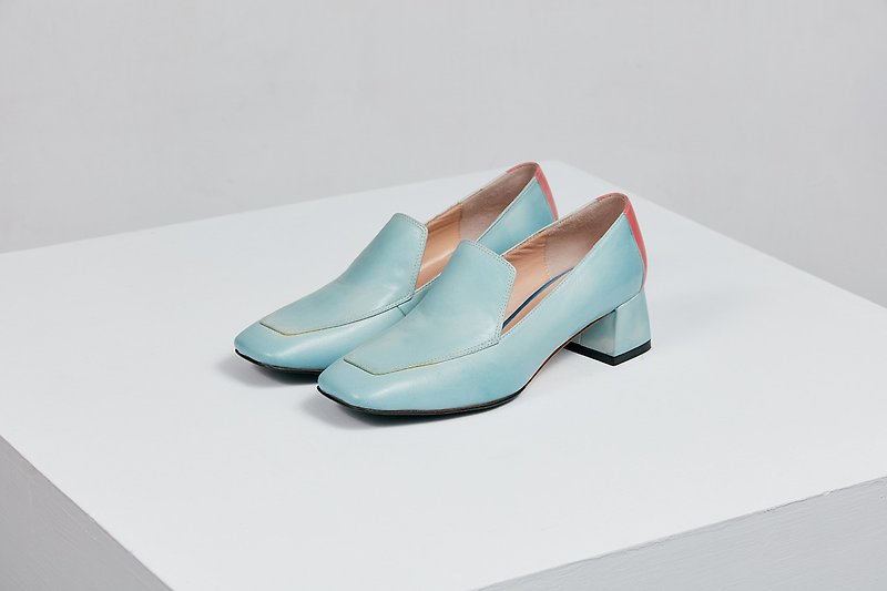 HTHREE 4.6方頭樂福跟鞋/ 水藍/ Square Toe Loafers Heels - 女款牛津鞋 - 真皮 藍色