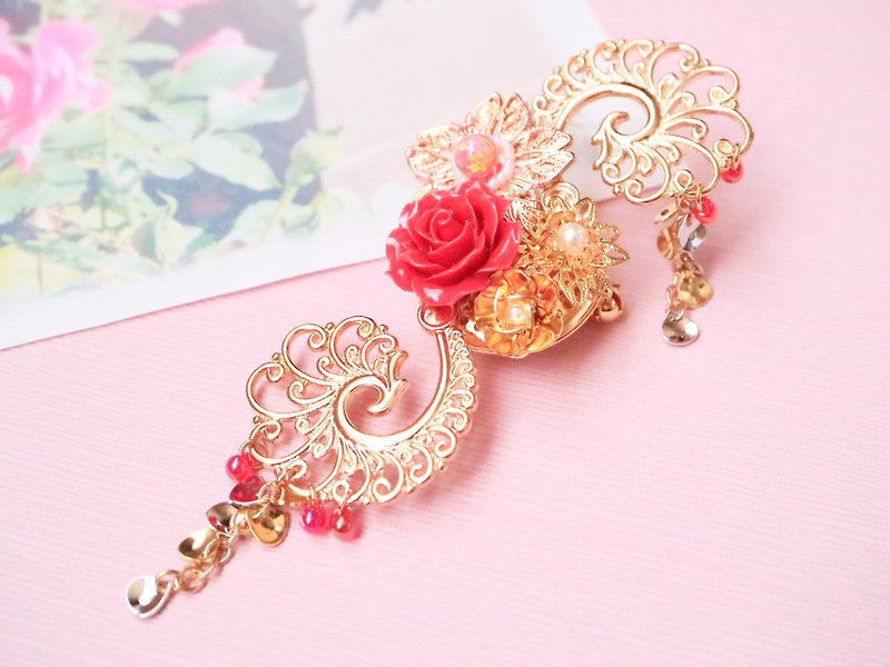 Flower lover Beauty Yang Guifei Chinese Hairpin Brooch History Legend Illusion Fantasy Flower lover Rose - Brooches - Glass Red
