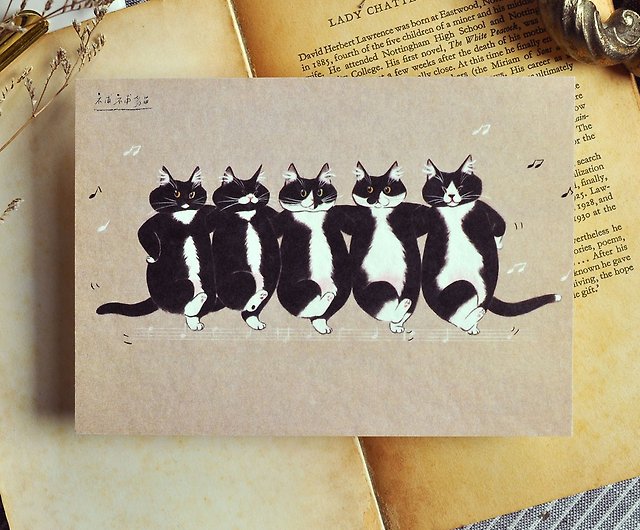 手描きイラスト猫ポストカード-黒と白の猫のジャズダンス - ショップ