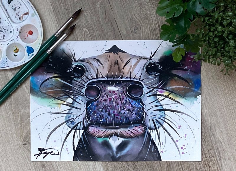Watercolor original 8x11inches cow room decor painting by Anne Gorywine - 壁貼/牆壁裝飾 - 紙 