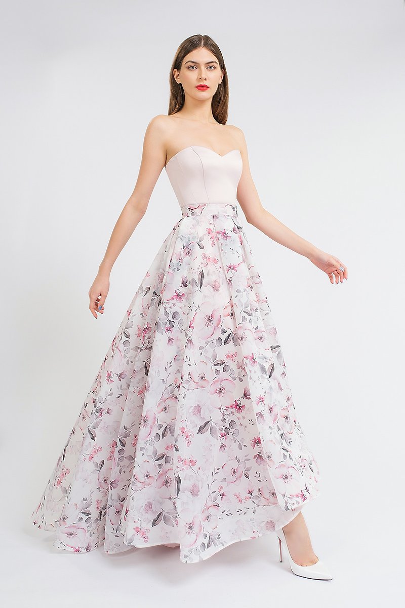 Pink dress Floral print Reception dress Modern wedding dress Romilda - Evening Dresses & Gowns - Polyester Pink